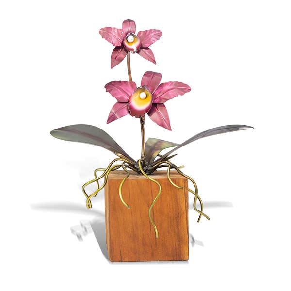 Copper Art - Pink Catellya Orchid on Teak Base
