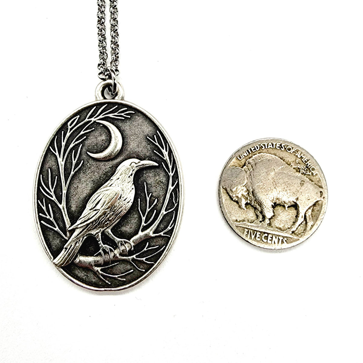 MergingMetals - Raven and Crescent Moon Antique Silver Pendant Necklace