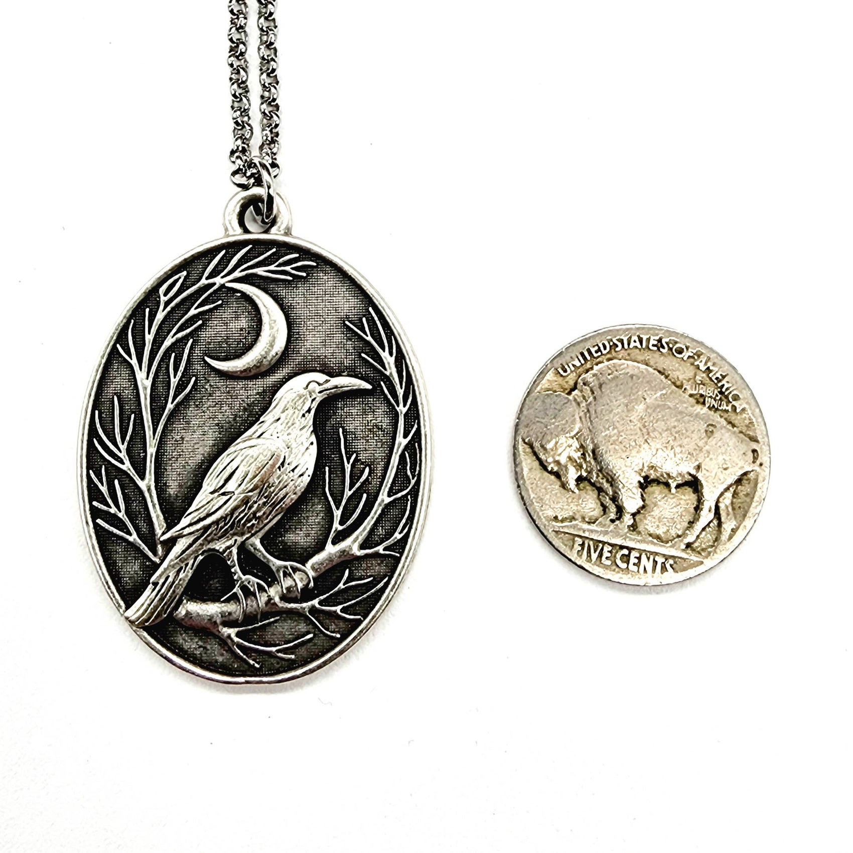 MergingMetals - Raven and Crescent Moon Antique Silver Pendant Necklace