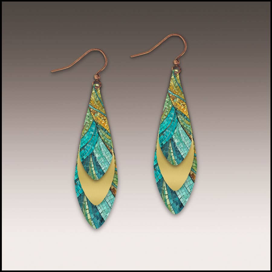Illustrated Light & DC Designs - Dunes Mosaic Mixed Metal Feather Drop Earrings