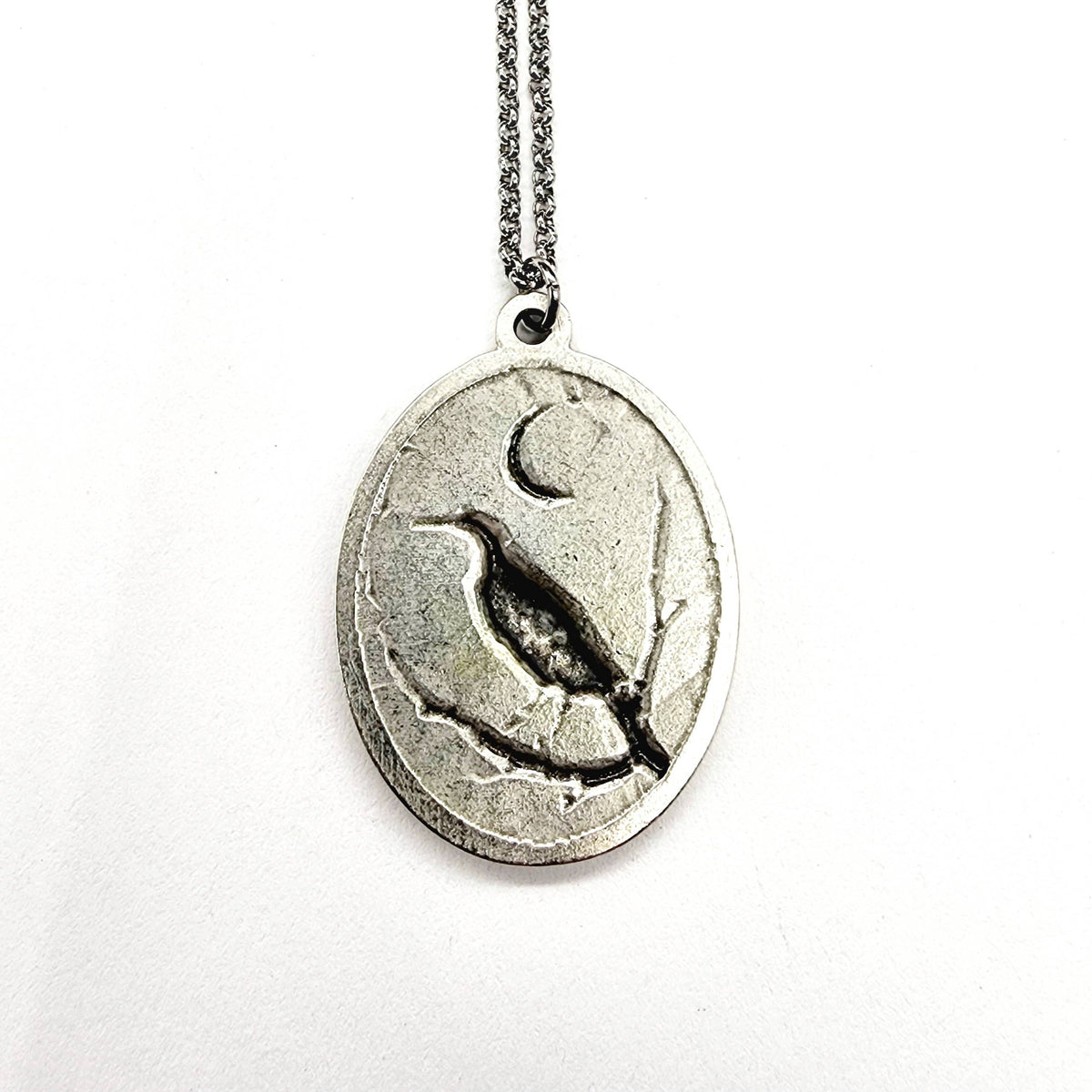 MergingMetals - Raven and Crescent Moon Antique Silver Pendant Necklace