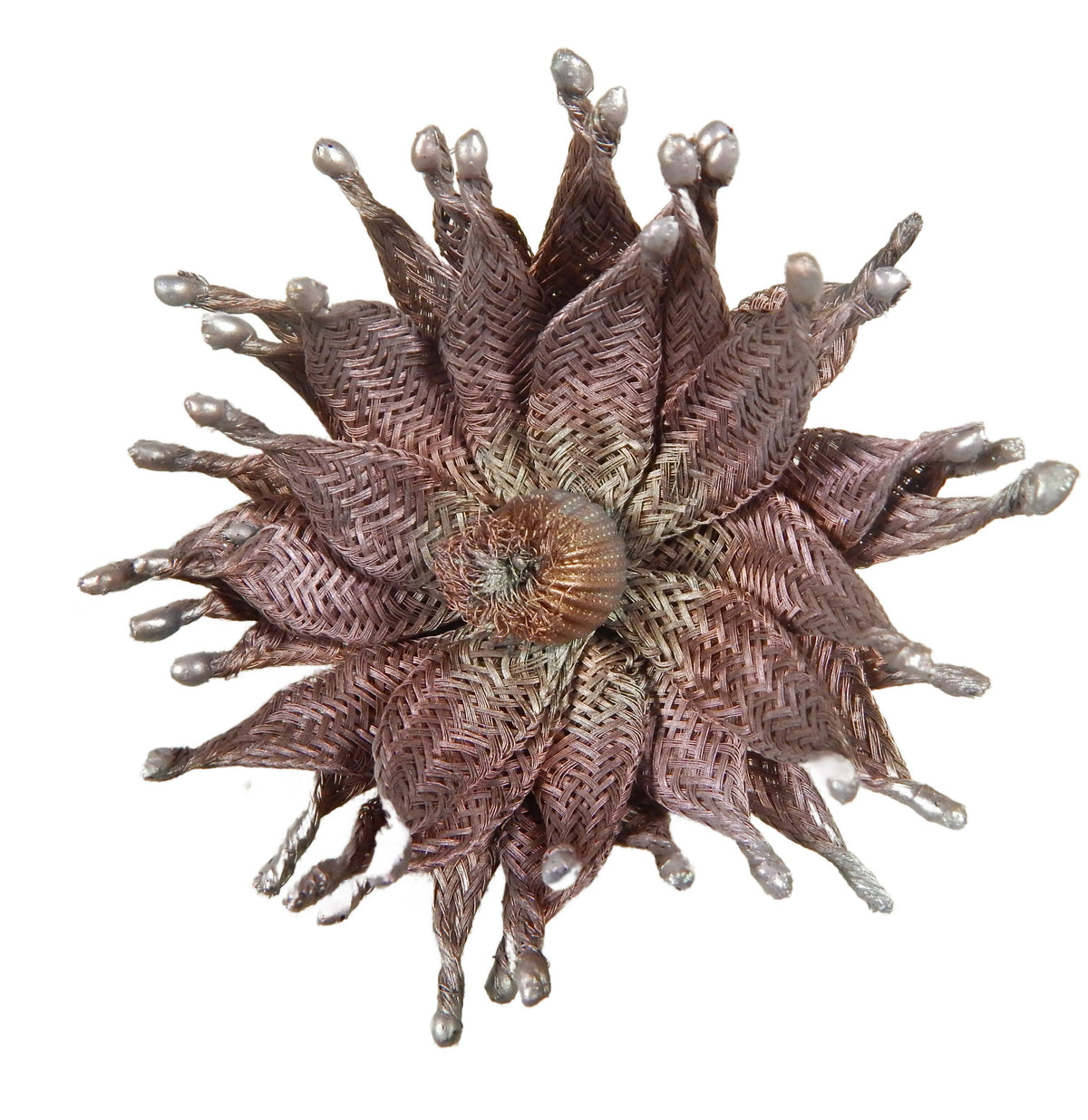 Sarah Cavender Metalworks - Woven Wire Zinnia Pin: Antique Brass with Red and Green Pearl