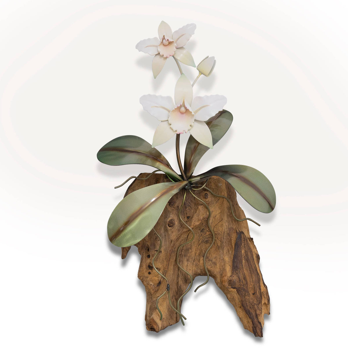 Copper Art -White Cattelya Orchid on Teak, Wall Piece