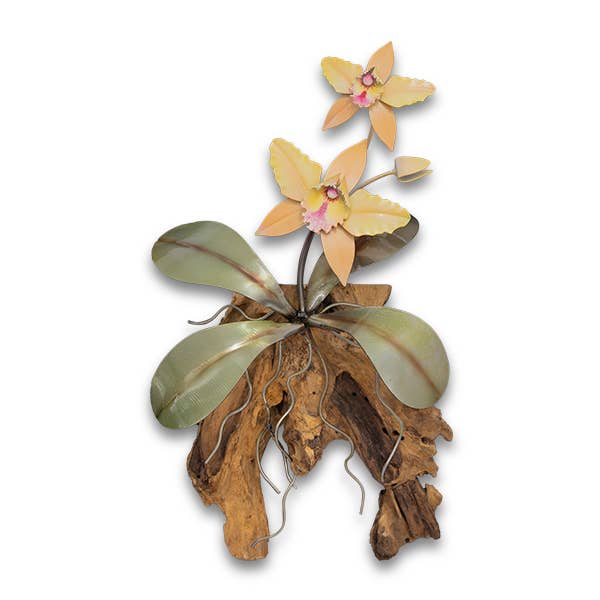 Copper Art - Yellow Cattelya Orchid on Teak, Wall Piece