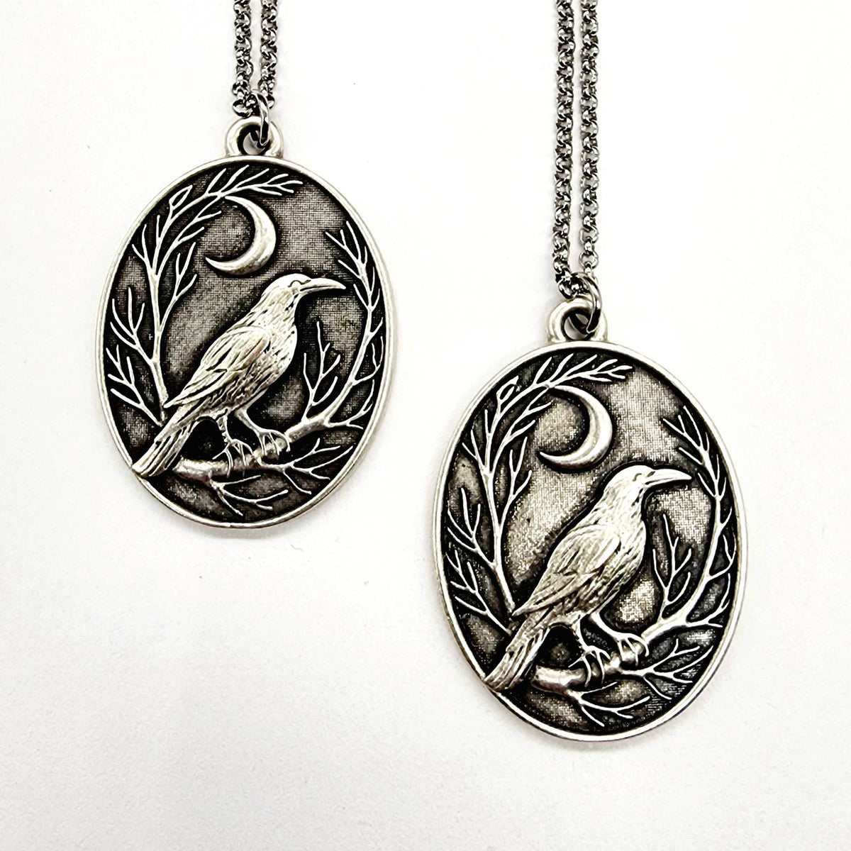 MergingMetals - Raven and Crescent Moon Antique Silver Pendant Necklace