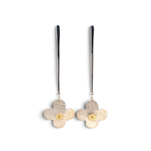 Barbara McFadyen: Tapered Drop Earrings w/embossed Quatrefoils and 22k Flower