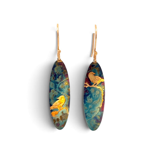 Barbara McFadyen: Long Oval Songbird Patina Dangle Earrings