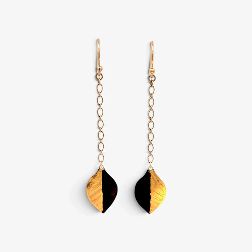 Barbara McFadyen: Black and Gold Leaf, Chain Dangle Earrings