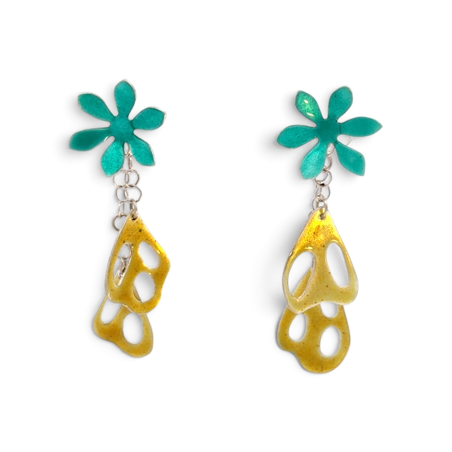 Deitra Blackwell: Flower Stud Earrings with Teal, Yellow Jackets
