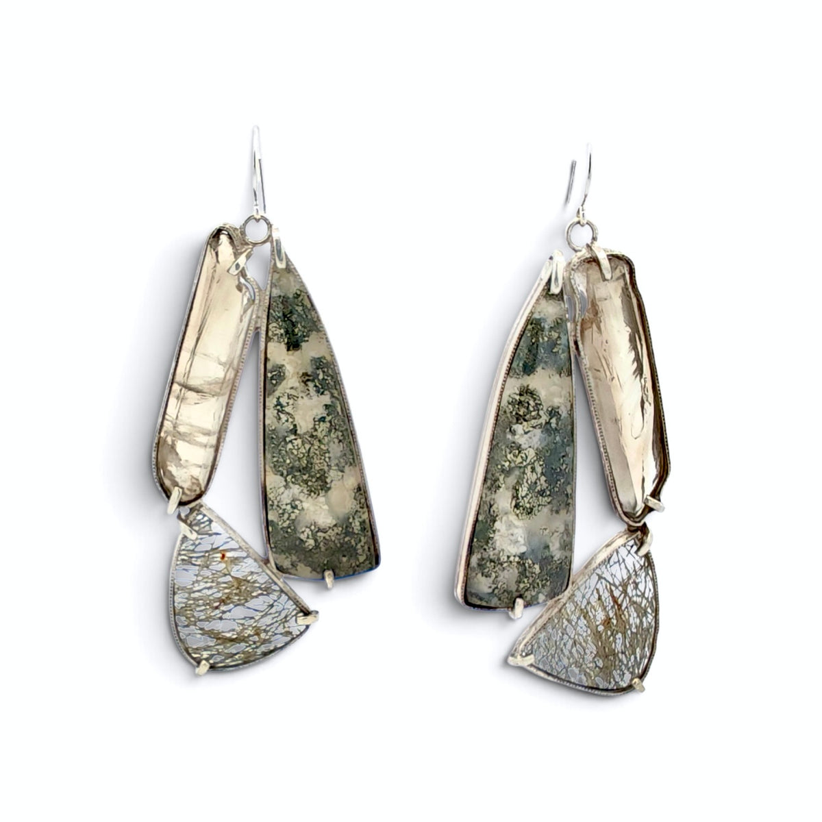 Robert Thomas Mullen: Marcisite, Smokey Quartz, Rutilated Quartz, and Sterling Silver Earrings