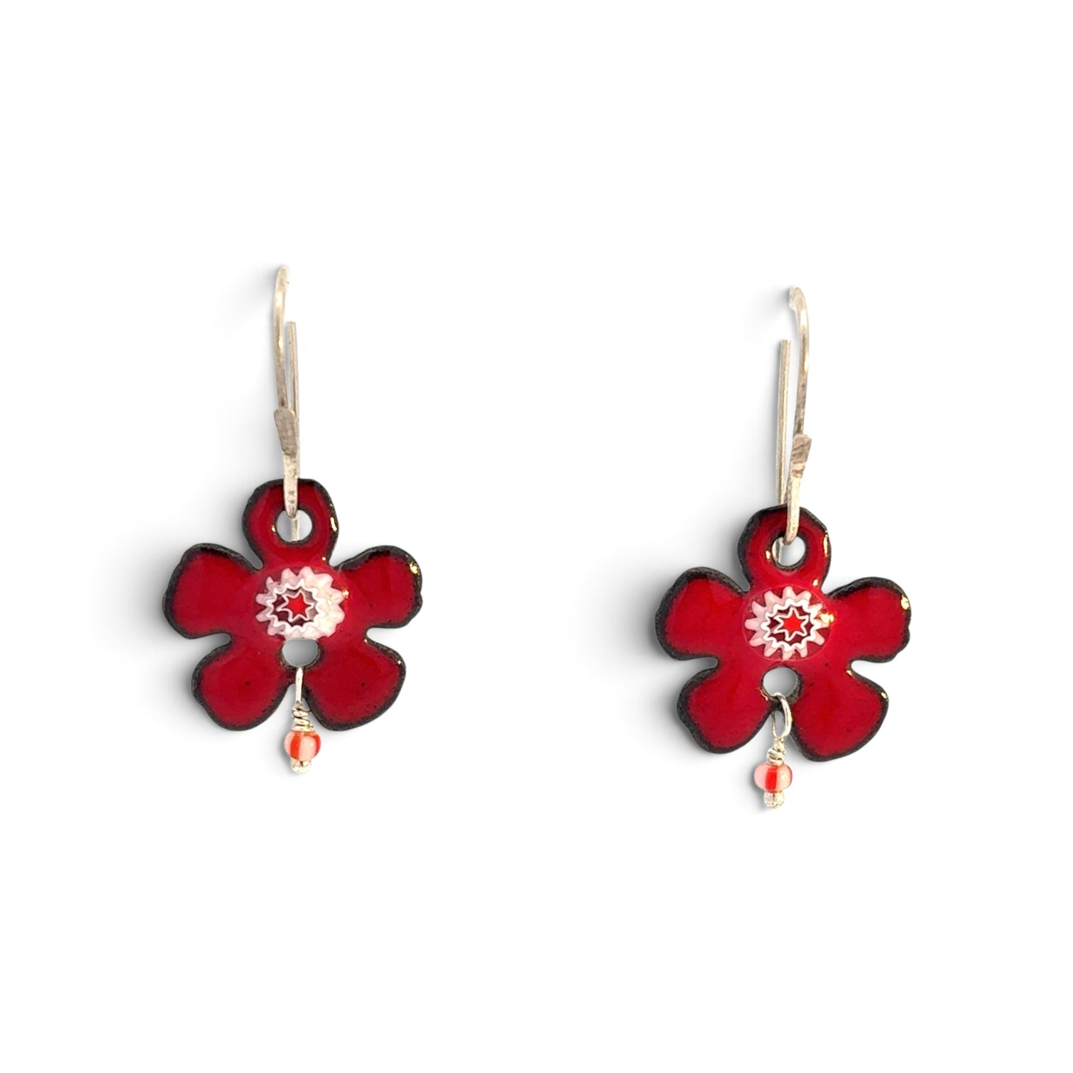 Stephanie Savic Polk: Red Flower Earrings with Beaded Drop