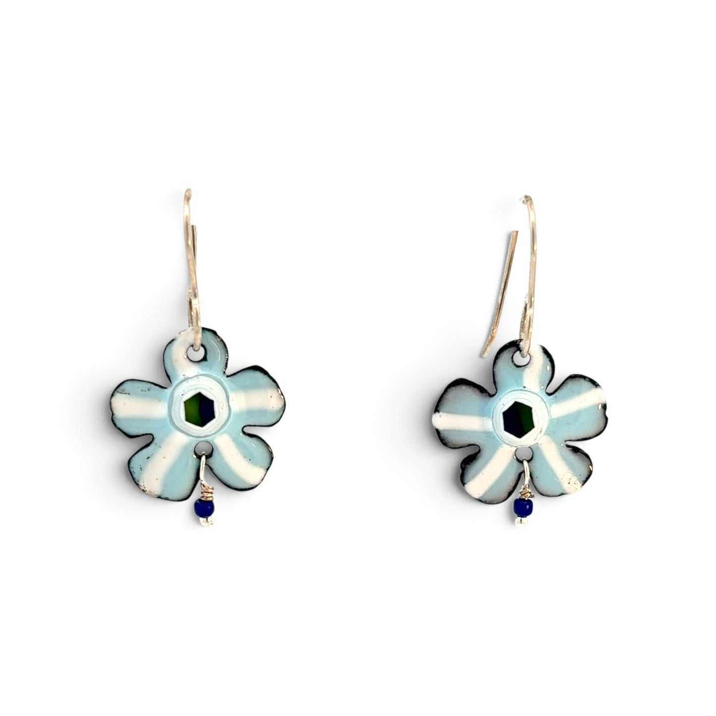 Stephanie Savic Polk: Lt. Blue, White Stripe Copper Enamel, bead drop earrings