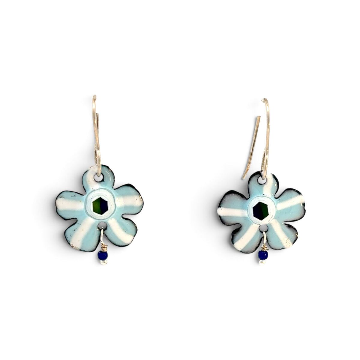 Stephanie Savic Polk: Lt. Blue, White Stripe Copper Enamel, bead drop earrings
