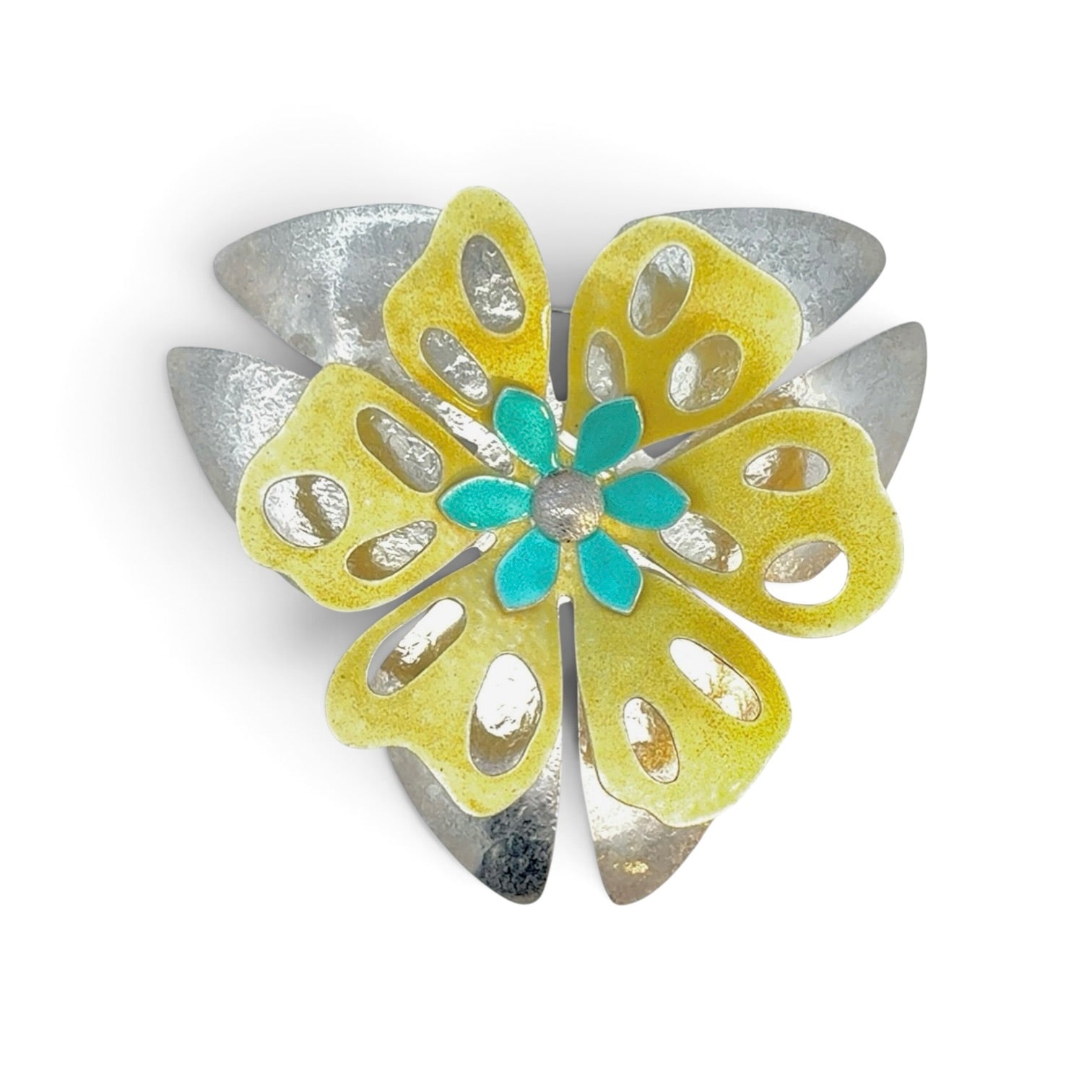 Deitra Blackwell: "Elizabeth" Enamel Flower Brooch/Necklace, Teal & Yellow