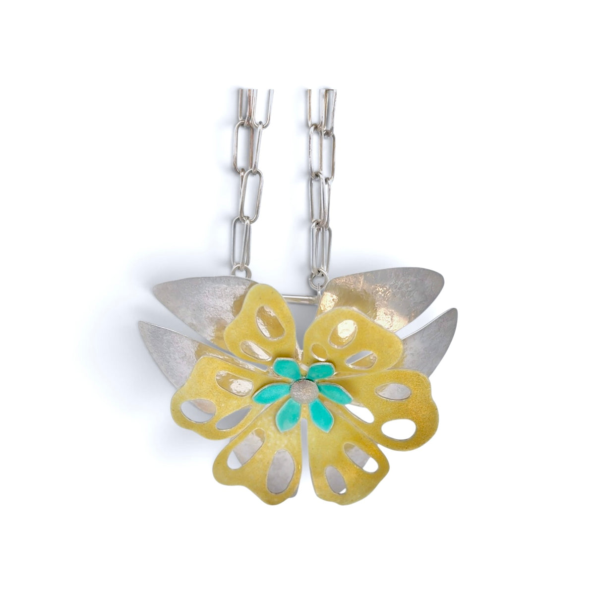 Deitra Blackwell: "Elizabeth" Enamel Flower Brooch/Necklace, Teal & Yellow