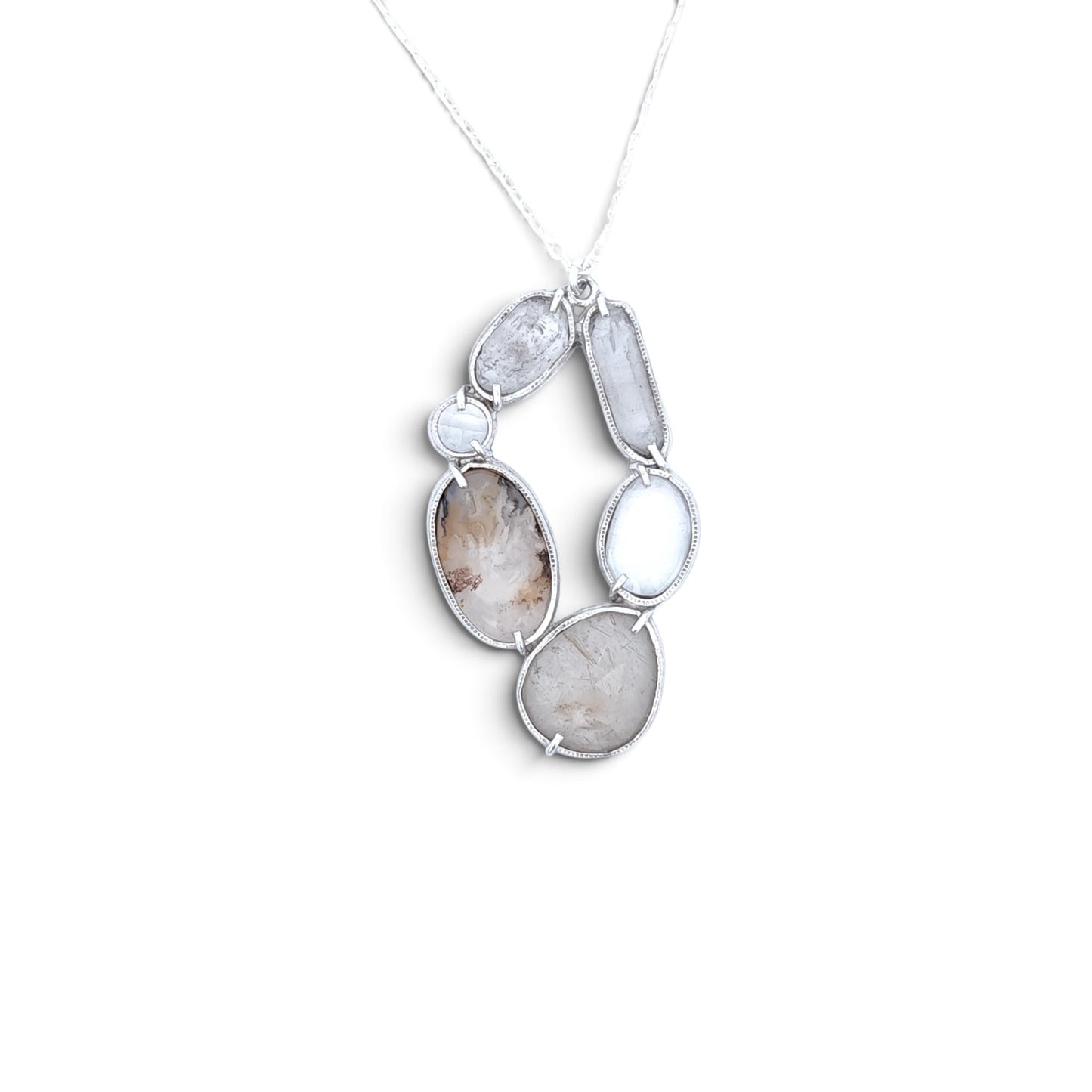 Robert Thomas Mullen: Diamond Quartz, Rock Crystal, Plume Agate, Rutilated Quartz, and Sterling Silver Necklace