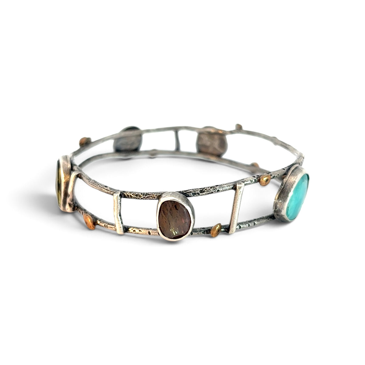 Dorothy Northern: Sterling Silver Mystic Moonstone, Olive Quartz, Serpentine, Amazonite, and Apatite,  Bracelet