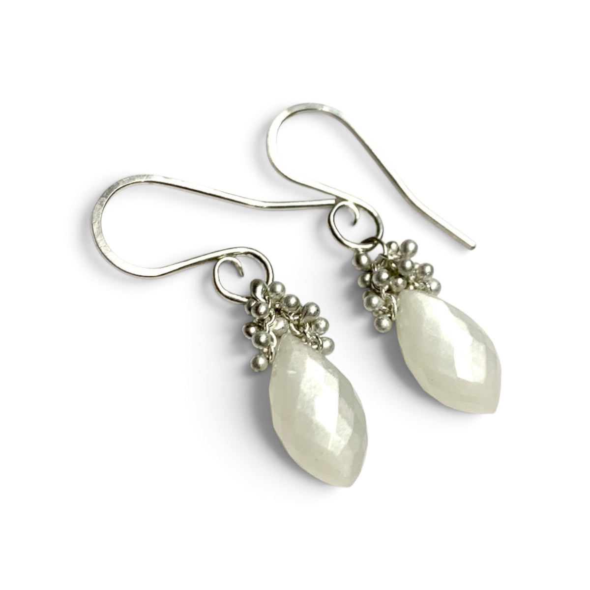 YedOmi Jewelry - White Moonstone Briolette Caviar Dew Drop Earrings: SS