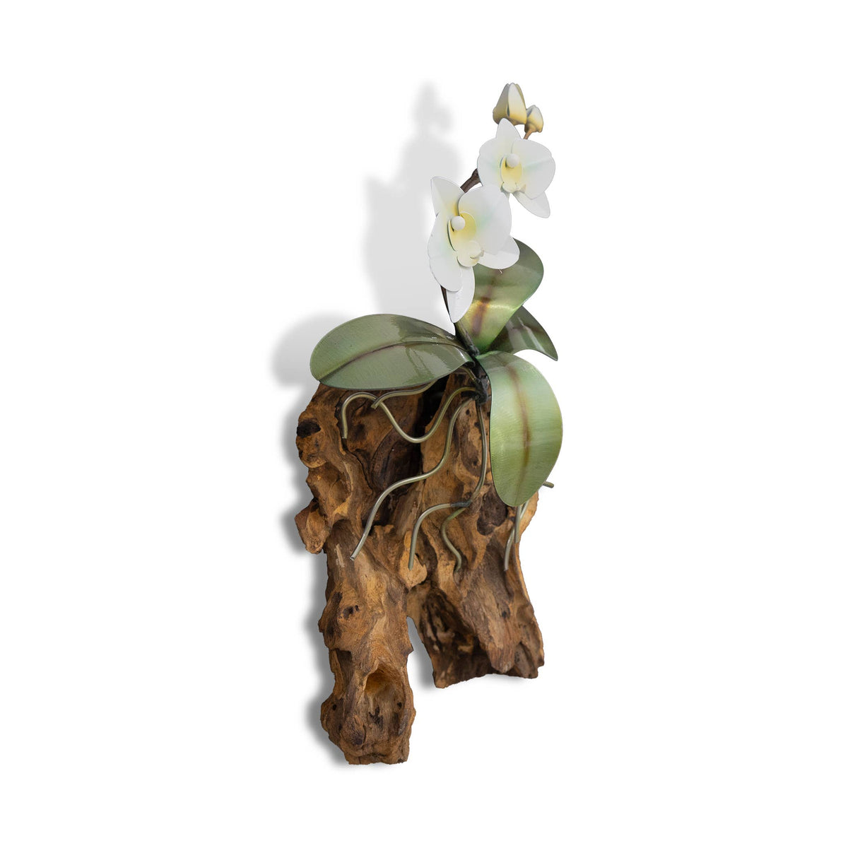 Copper Art - White Phaleanopsis Orchid on a Teak Wood Base, Wall Piece