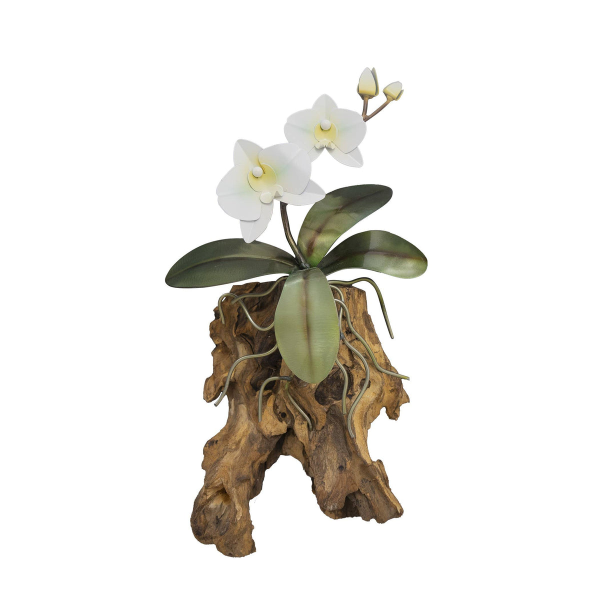 Copper Art - White Phaleanopsis Orchid on a Teak Wood Base, Wall Piece