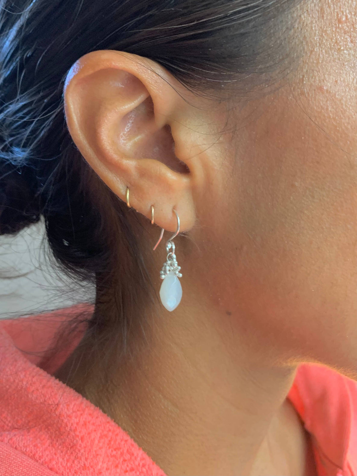 YedOmi Jewelry - White Moonstone Briolette Caviar Dew Drop Earrings: SS
