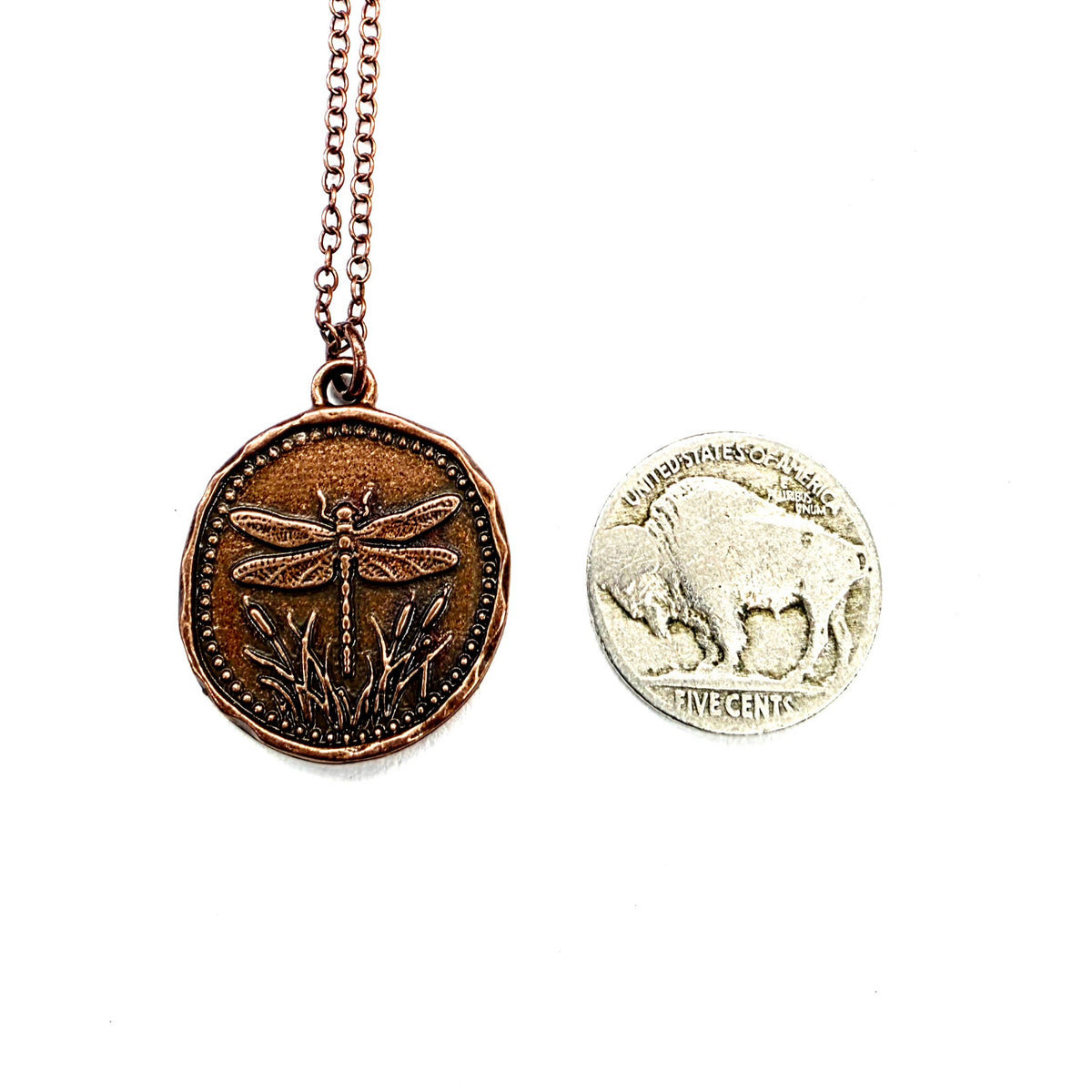 MergingMetals - Stillwater Dragonfly Antique Copper Medallion Necklace