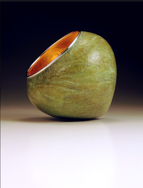 David Huang: Luminosity #2013: Copper, Fine Silver, 23 K Gold Leaf. Green Patina. Vessel