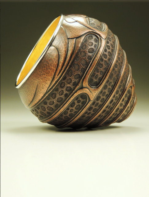 David Huang : Luminous Relic #1509. Copper, Sterling Silver, 23k gold leaf, Chased  Beehive Design,Vessel
