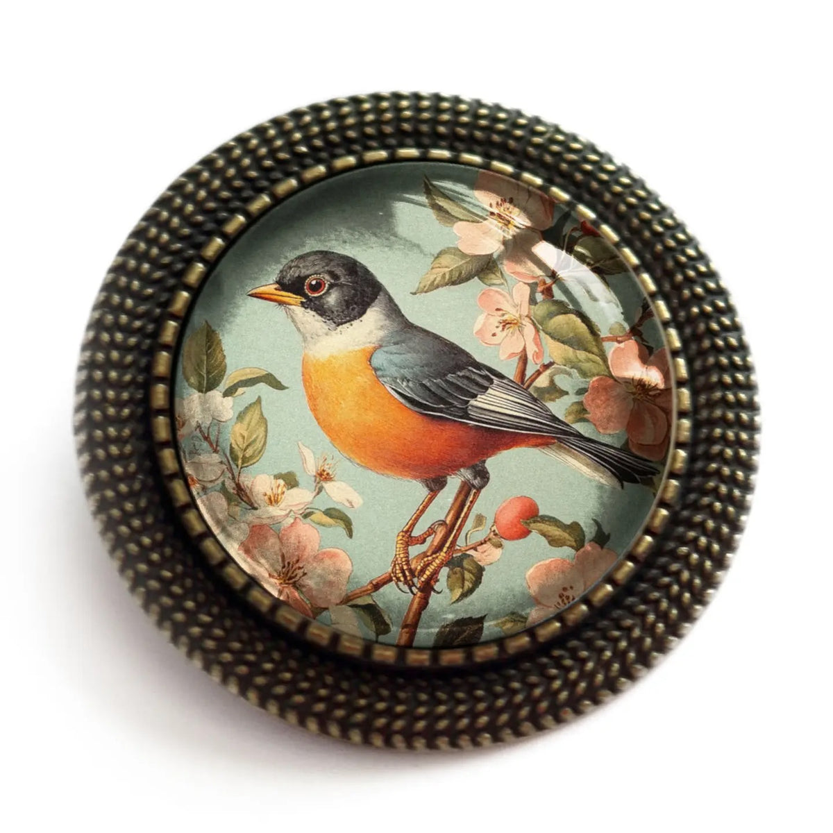 The Divine Iguana:Vintage Robin Glass Cabochon Brooch