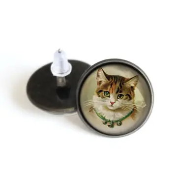 The Divine Iguana: Victorian Calico Cat Glass Cabochon Stud Earrings