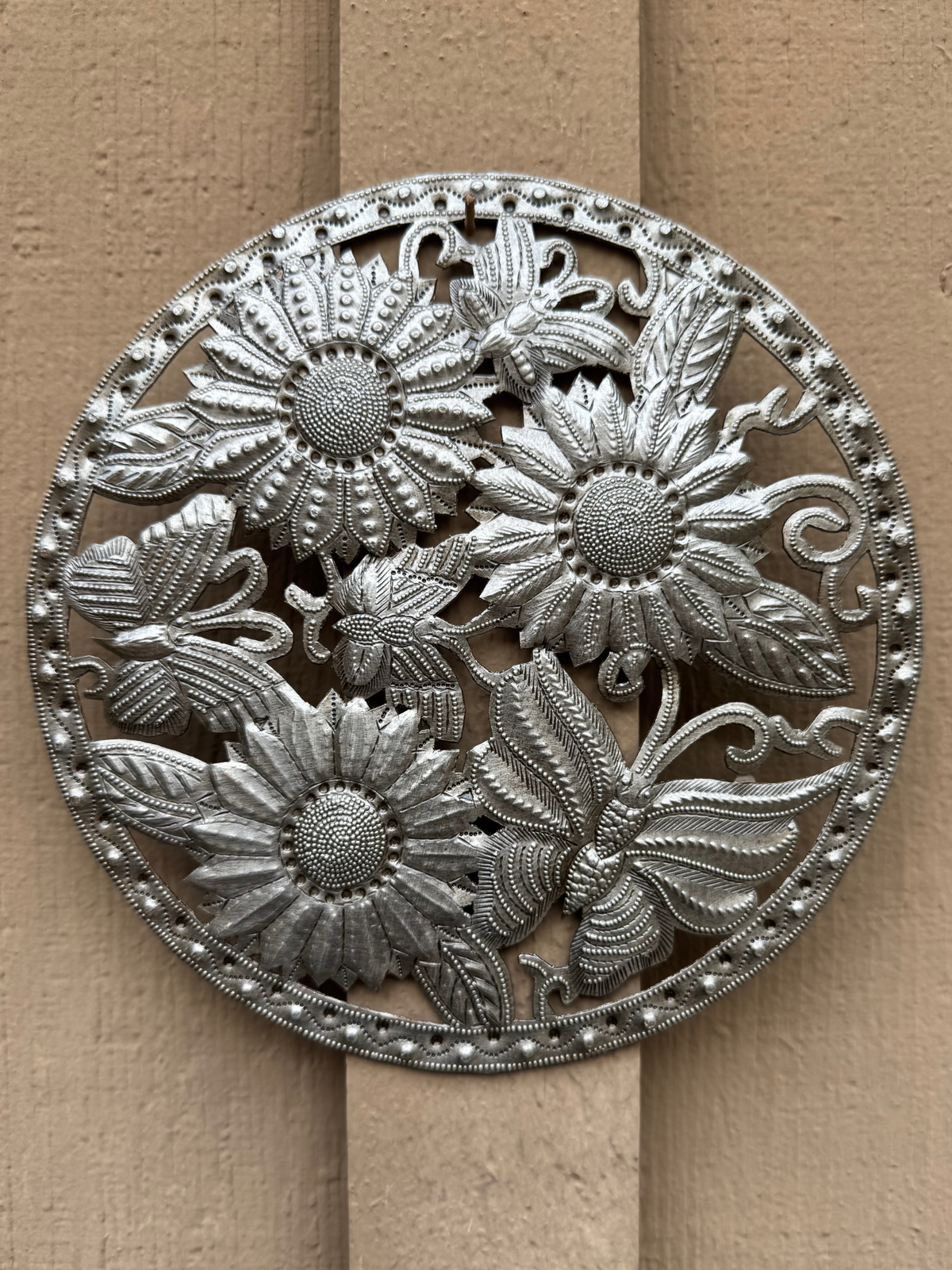 Haiti Fair Trade~ It's Cactus - Butterfly and Sunflowers Garden Metal 8" x 8" Wall Hanging