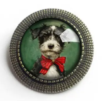 The Divine Iguana: Terrier in Red Bow Bronze and Glass Christmas Puppy Brooch