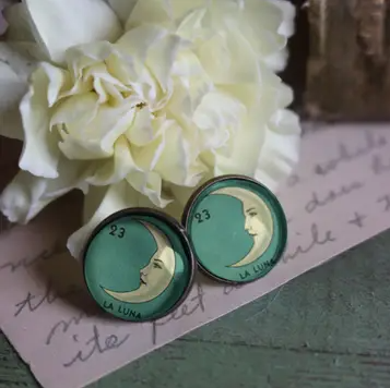 The Divine Iguana: Loteria La Luna Crescent Moon Stud Earrings