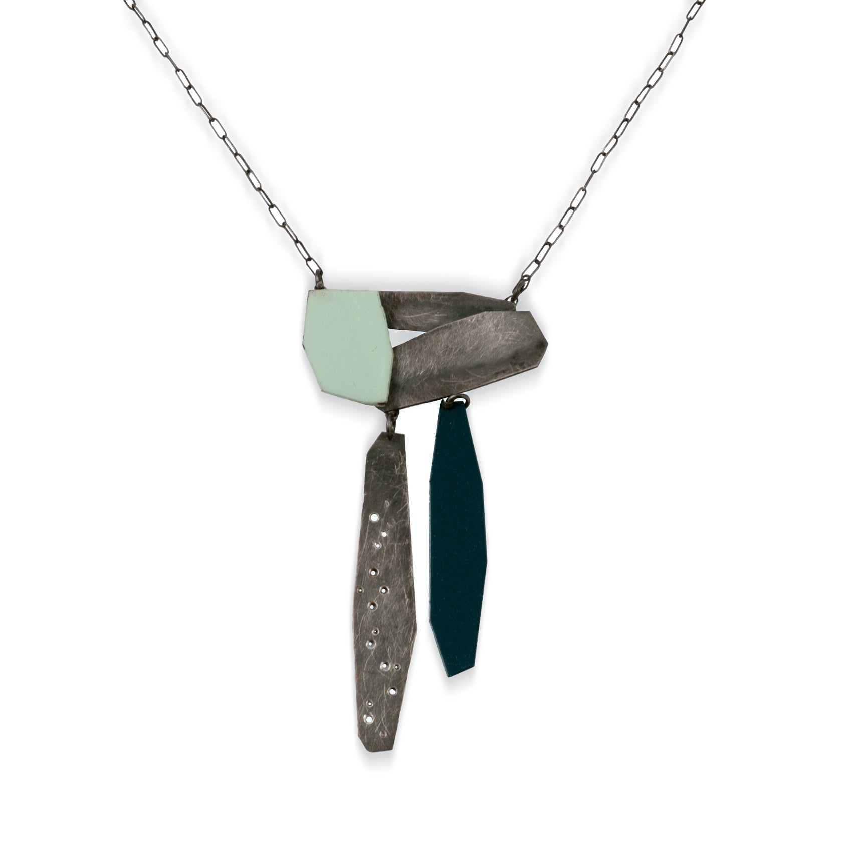 Linda Azar: Necklace, Converging Pathways - powder coated steel, sterling silver, mint, teal