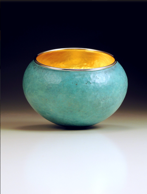 David Huang: Luminosity # 2025. Copper, Fine Silver, 23k Gold Leaf. Light Blue Patina. Vessel