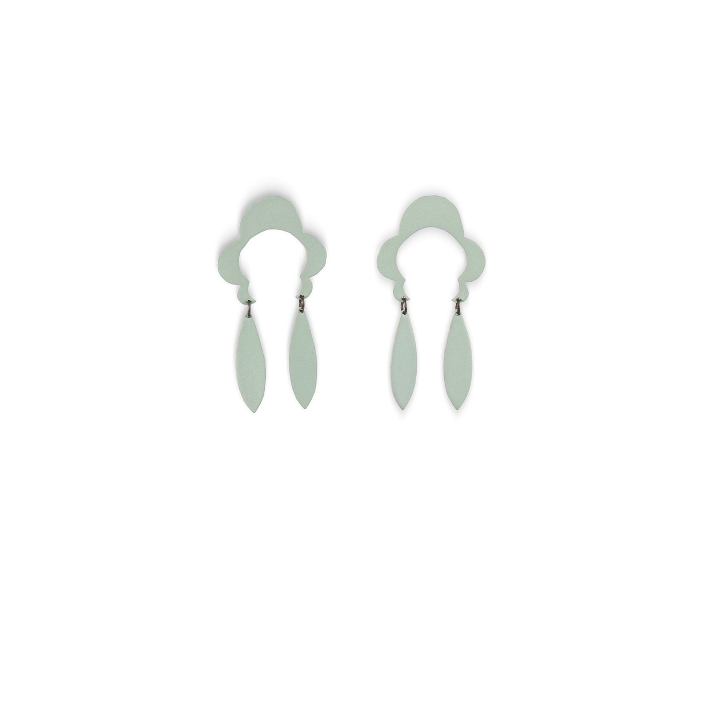 Linda Azar: Earrings, Coquette Feather - powder coated steel, sterling silver, mint