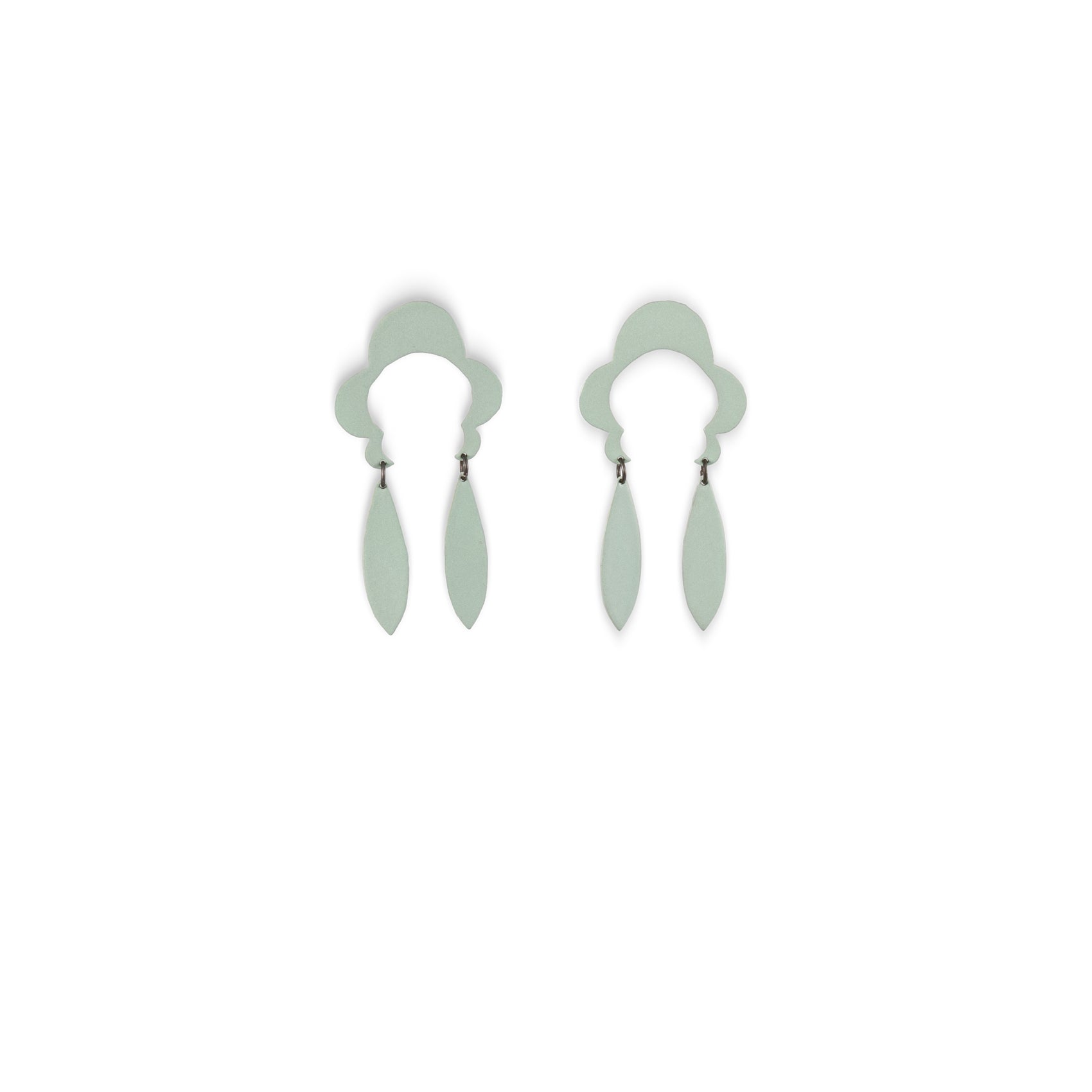 Linda Azar: Earrings, Coquette Feather - powder coated steel, sterling silver, mint