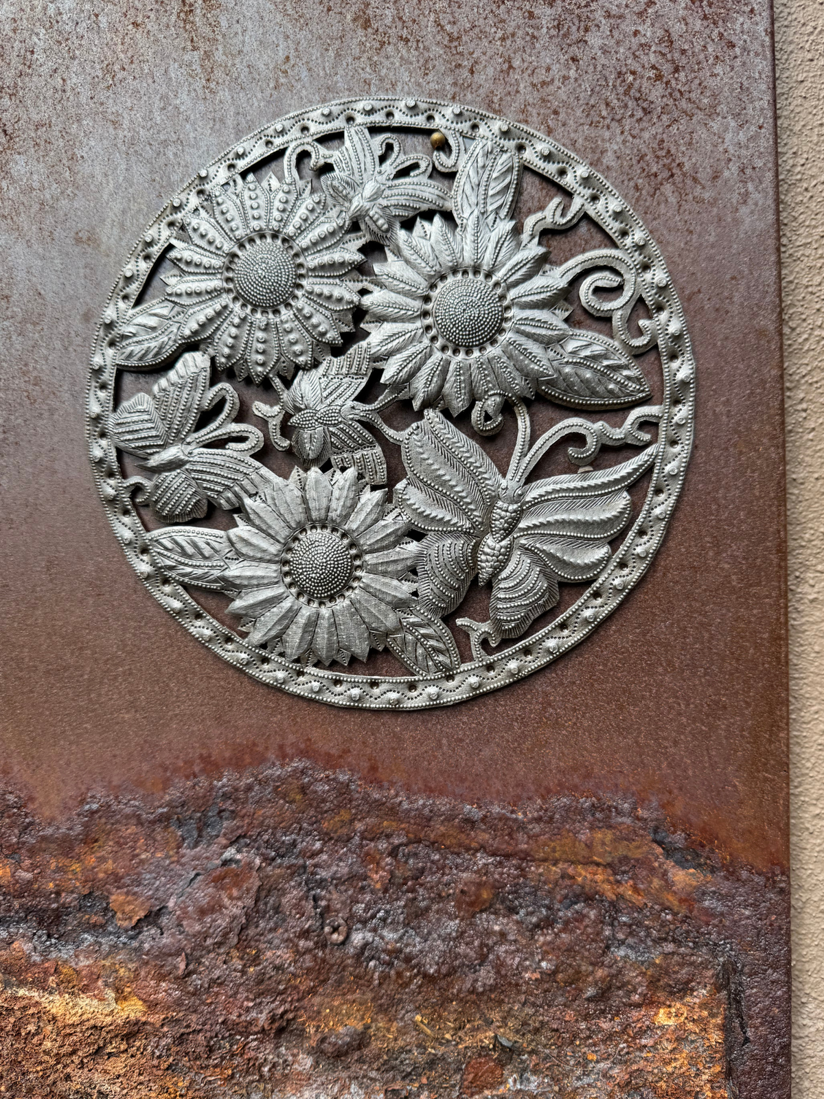 Haiti Fair Trade~ It's Cactus - Butterfly and Sunflowers Garden Metal 8" x 8" Wall Hanging