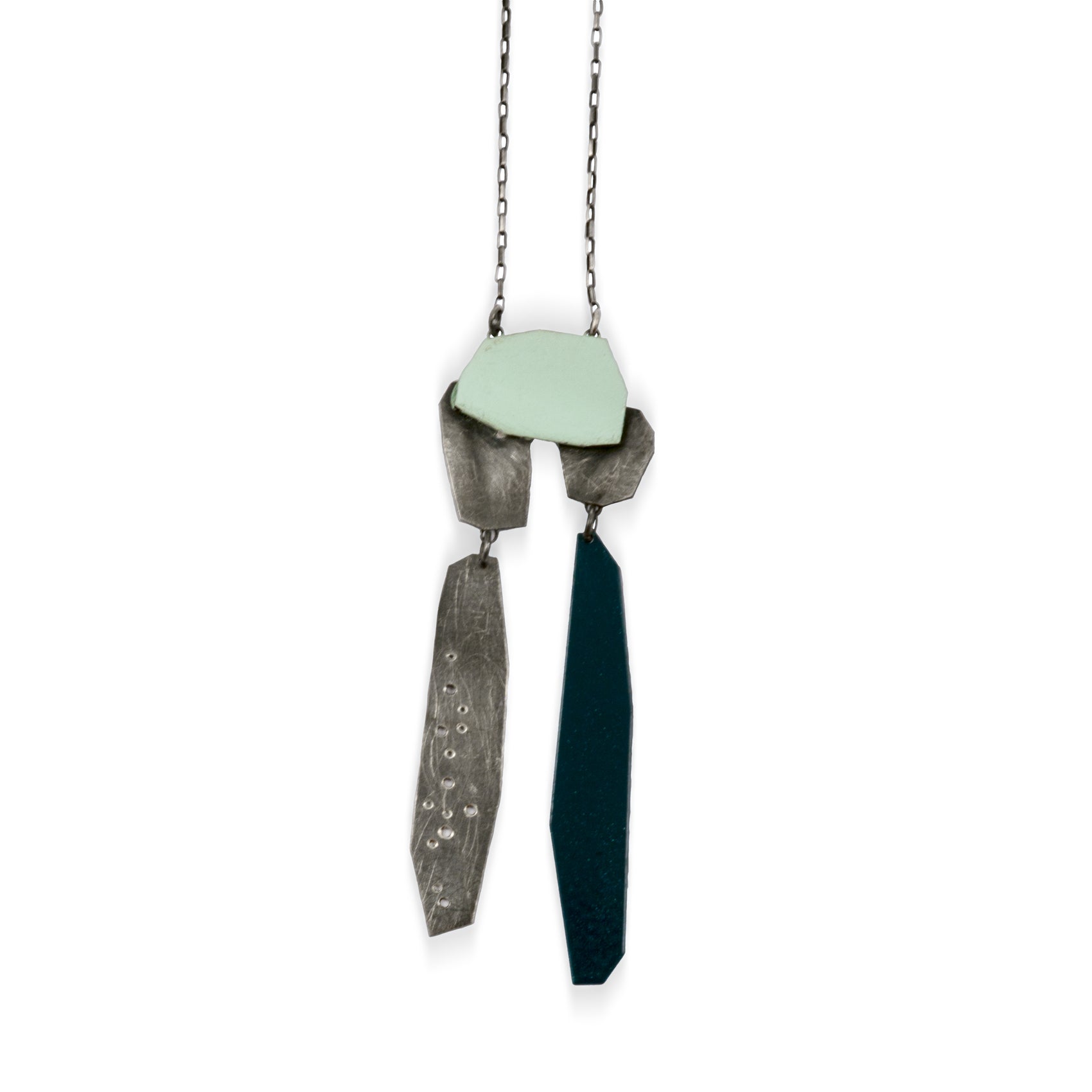 Linda Azar: Necklace, Converging Pathways Necklace - powder coated steel, sterling silver - mint, teal