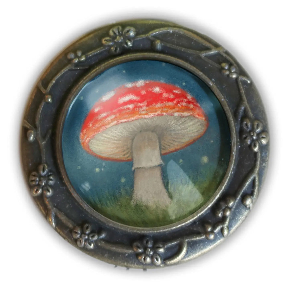 The Divine Iguana:Moonlit Mushroom, Glass and Bronze Brooch