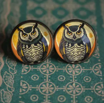 The Divine Iguana: Retro Owl Brass and Glass Cabochon Halloween Post Earrings