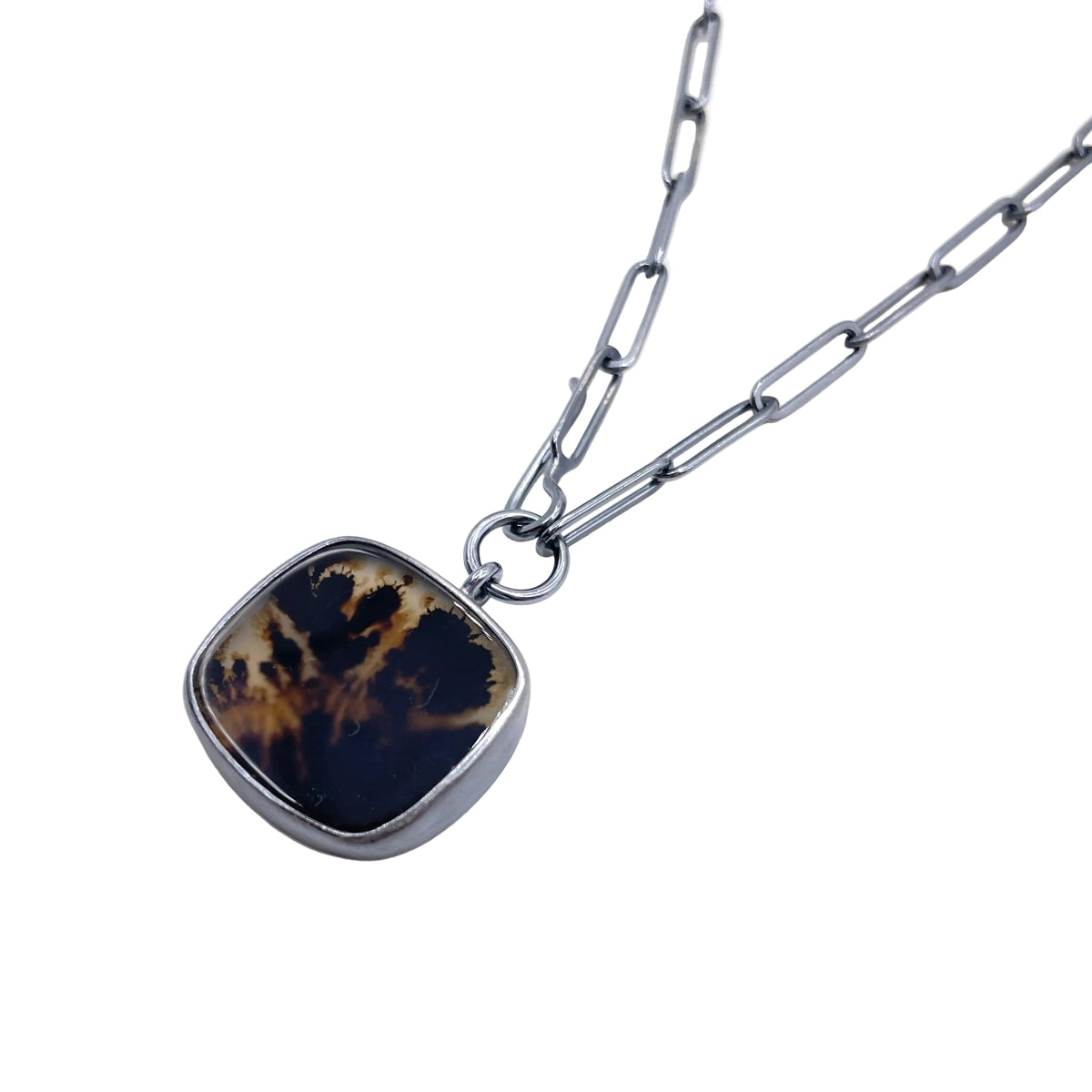 Emily Rogstad: Montana Agate Lariat, oxidized sterling silver, 18in.